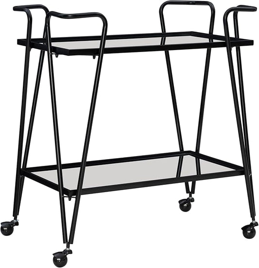 Linon Gina Black Mid Century Bar Cart with Mirrored Shelves