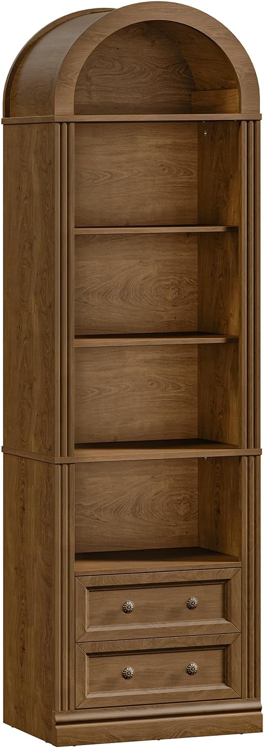 RALGEND Tall Narrow Bookshelf, Arched Bookshelf with 2 Drawers, 7-Tier Farmhouse Arch Bookcase, Wooden Book Shelf with Open Display Shelves for Office, Living Room, Kitchen, Walnut