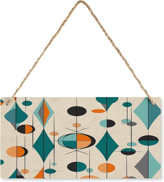 Wooden Hanging Plate, Mid Century Geometric Print Wall Hanging Plaque Hanging Decor Wall Decor Wooden Sign Decorative Sign