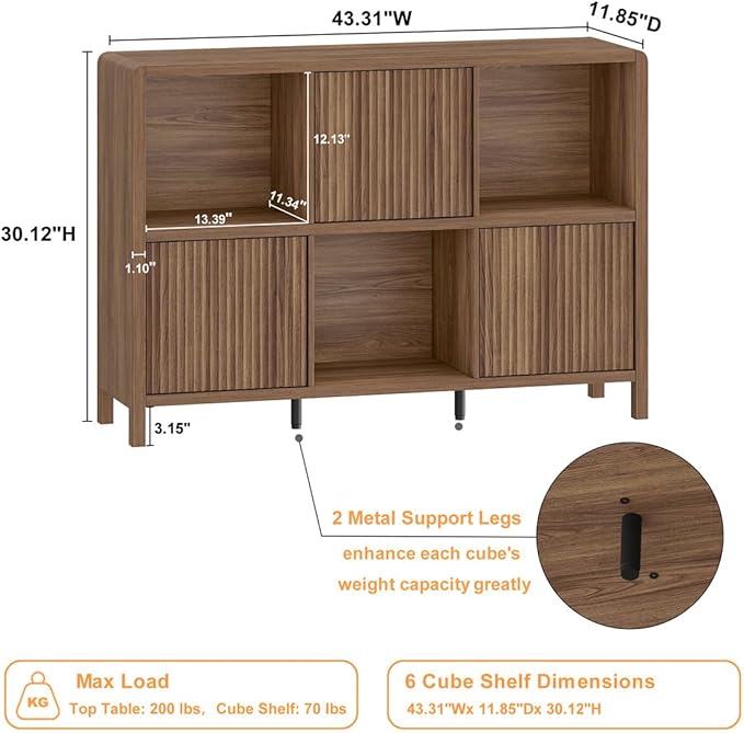 FATORRI 6 Horizontal Bookcase with 3 Doors, Low Farmhouse Cube Storage Organizer, Wood Bookshelf for Home Office, Bedroom, Living Room (Walnut)