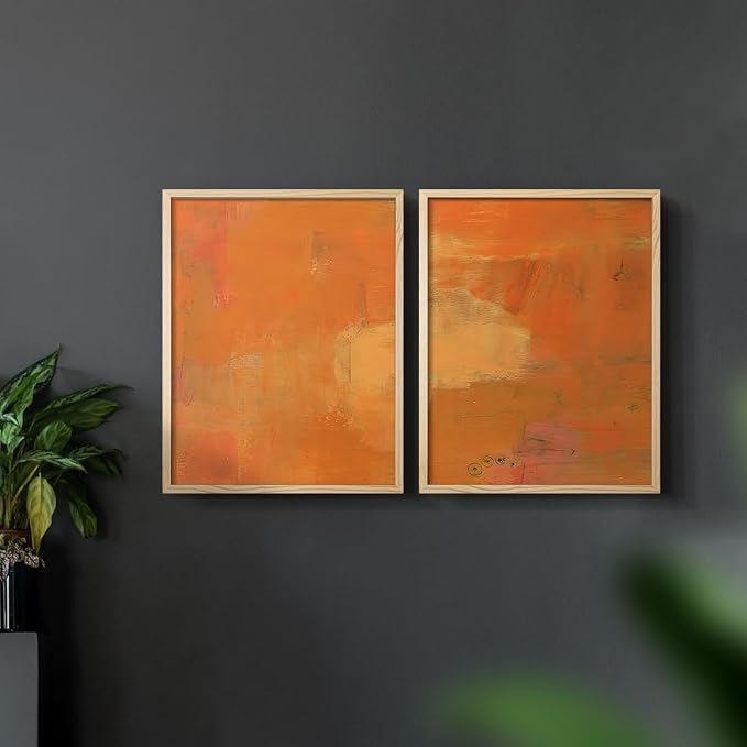 Renditions Gallery Set of 2 Peel & Stick Framed Prints, Abstract Wall Art, Rustic Fain Marking with Brush Strokes Wall Decor, Re-Stickable - Ready to Hang - 11"x14" - NATURAL WOOD Frame LT588
