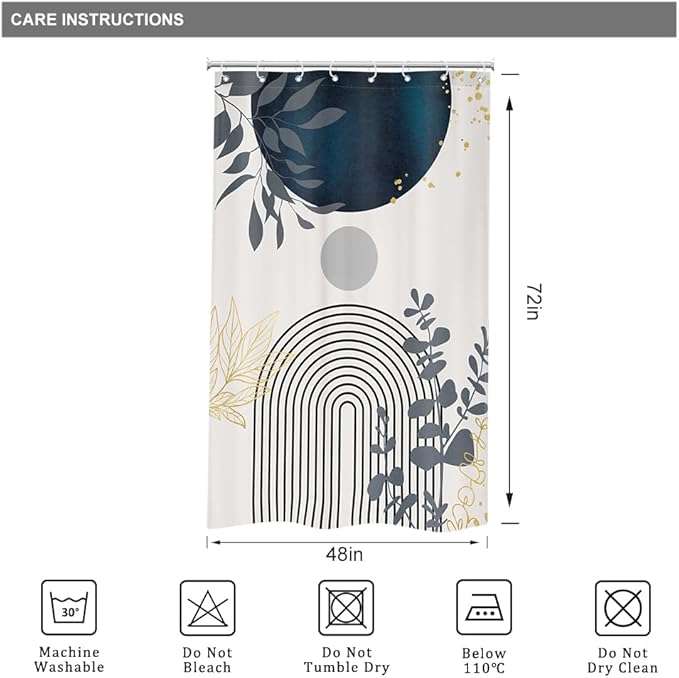 Riyidecor Navy Blue Small Stall Narrow Boho Modern Shower Curtain for Bathroom Decor 48Wx72H Mid Century Bohemian Palm Leaves Minimalist Art Printed Fabric Polyester Waterproof 8 Pack Plastic Hooks
