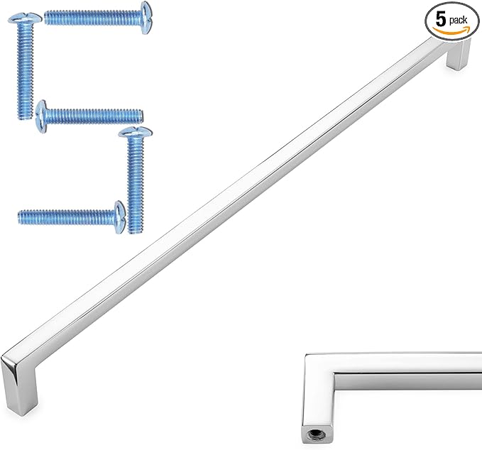 KOOFIZO Solid Square Bar Cabinet Handle - Chrome Furniture Pull, 12.6 Inch/320mm Screwhole Distance, Pack of 5 for Kitchen Cupboard Door, Bedroom Dresser Drawer, Bathroom Wardrobe Hardware