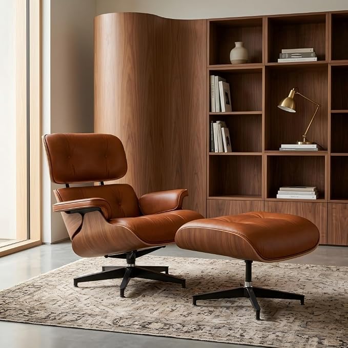 Mid Century Chaise Lounge Chair with Ottoman, Top Black Grain Leather, Modern Office Chair Classic Design, Heavy Duty Base Support for Living Room Study Lounge Office