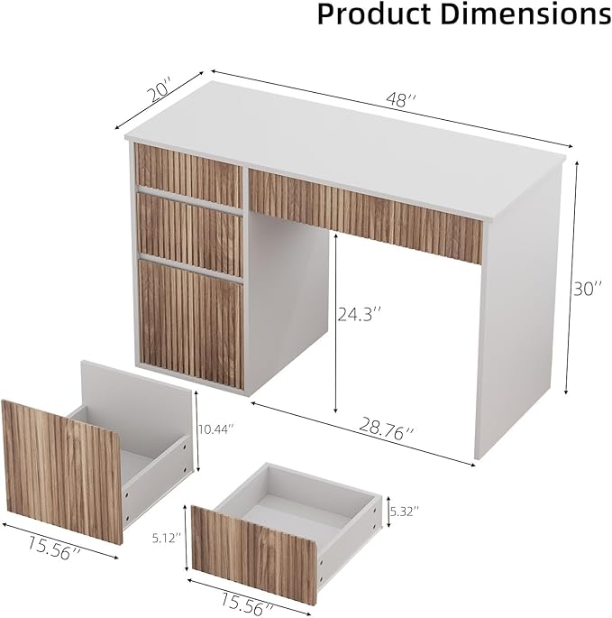 4 EVER WINNER White Desk with Drawers, 48 Inch Computer Desk with Hidden Handle and Storage Cabinet, Writing Desk with Drawers for Home Office Study Table, White and Walnut