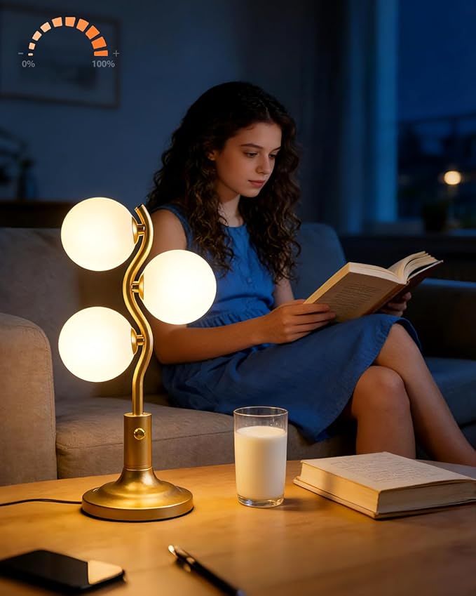 Lightdot 3-Globe Table Lamp Dimmable Mid Century Modern Gold Desk Lamp 3000K Warmwhite Bedside Table Lamp for Bedroom Living Room Study Room(G9 Bulbs Included)