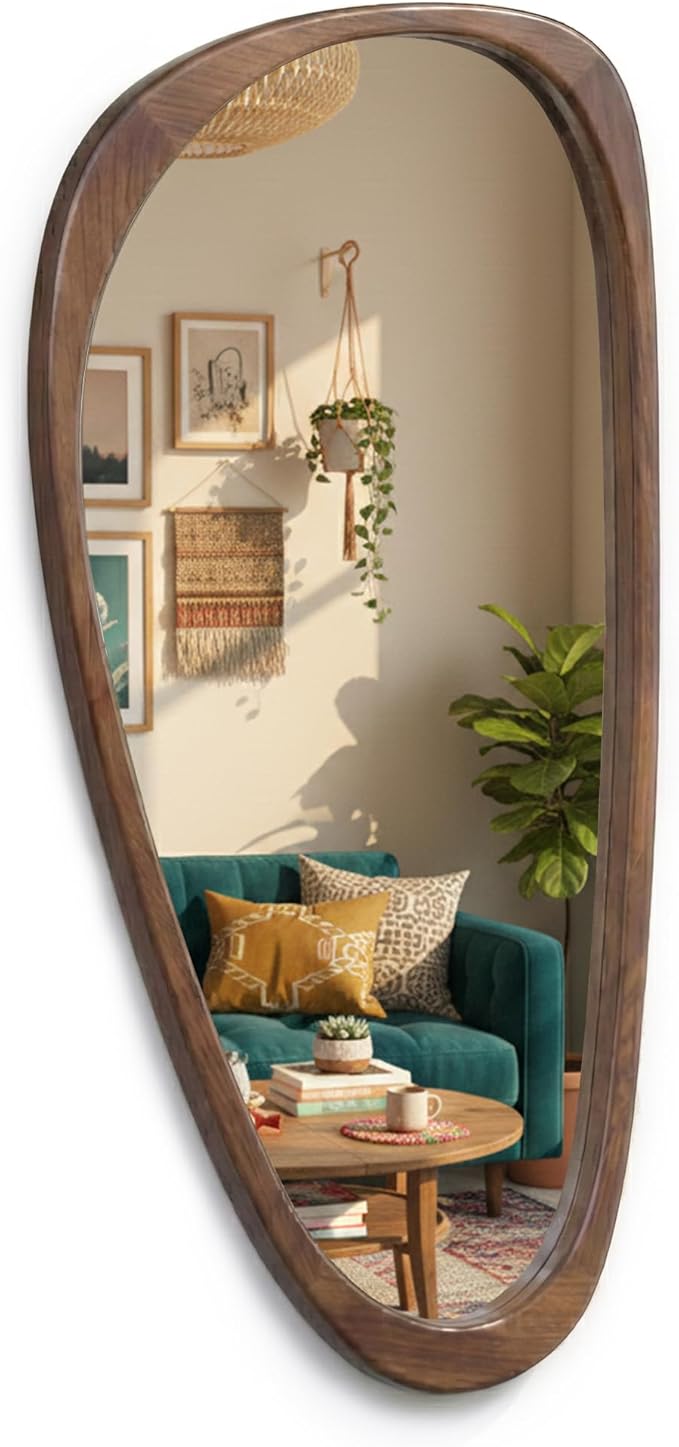 Irregular Asymmetrical Wall Mirror 48"×24" with Solid Wood Frame, Sculptural Mid-Century Modern Decorative Full-Length Wall Mirror for Living Room, Entryway & Bedroom