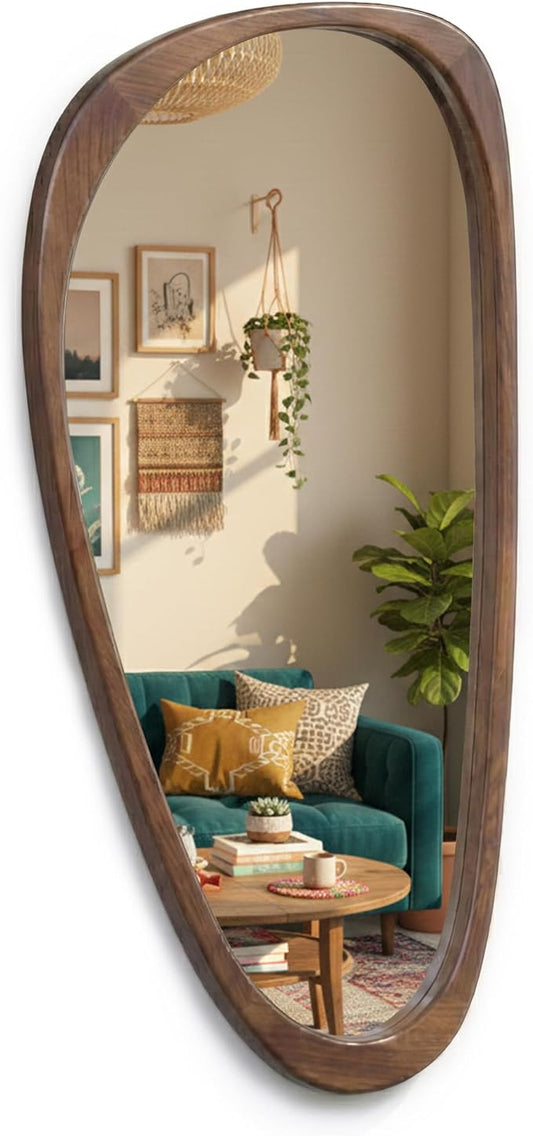Irregular Asymmetrical Wall Mirror 48"×24" with Solid Wood Frame, Sculptural Mid-Century Modern Decorative Full-Length Wall Mirror for Living Room, Entryway & Bedroom