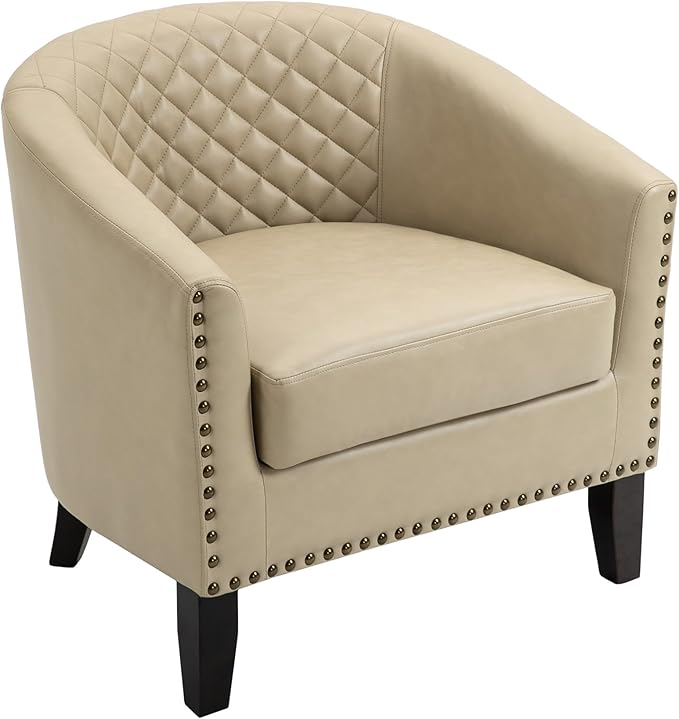 UIXE Faux Leather Barrel Accent Chairs Set of 4, Modern Club Upholstered Arm Chair, Comfy Armchair Nailed Trim Living Room Single Sofa Reading Seat Bedroom Side Sitting for Office, Beige