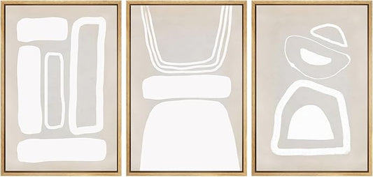 SIGNWIN Framed Canvas Print Wall Art Set Mid-Century Boho Geometric Polygons Abstract Shapes Cozy Neutral Decorative Contemporary Minimal for Living Room, Bedroom, Office - 16"x24"x3 Natural