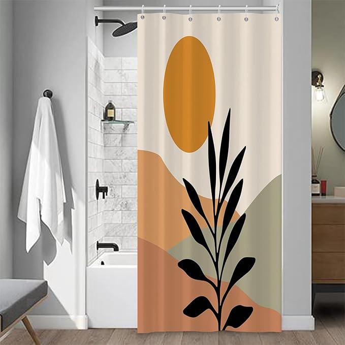 Bohemian Bathroom Shower Curtain Orange Sun Eucalyptus Leaves Abstract Mountain Boho Theme Bath Curtain with Hooks Waterproof Fabric Polyester Shower Curtain Modern Home Decor, 36x72 Inch