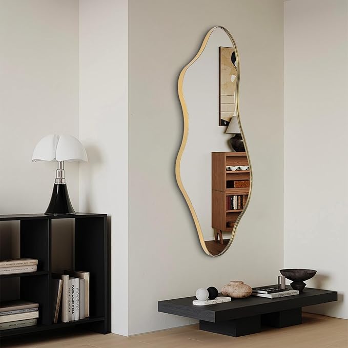 Irregular Wall Mirror, 47"x22" Gold Asymmetrical Mirrors with Metal Frame, Unique Shaped Decorative Mirror, Modern Abstract Mirrors for Living Room Bathroom Bedroom Hallway Entryway