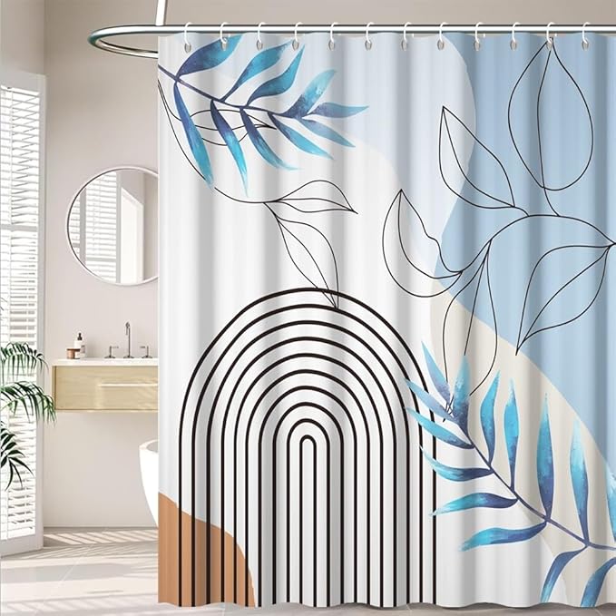 Bohemian Shower Curtain Set Blue Watercolor Eucalyptus Leaves Arch Abstract Stripes Bathtub Curtains Modern Minimalist Neutral Bathroom Decor Washable Waterproof Polyester Fabric with Hooks 69x75 Inch