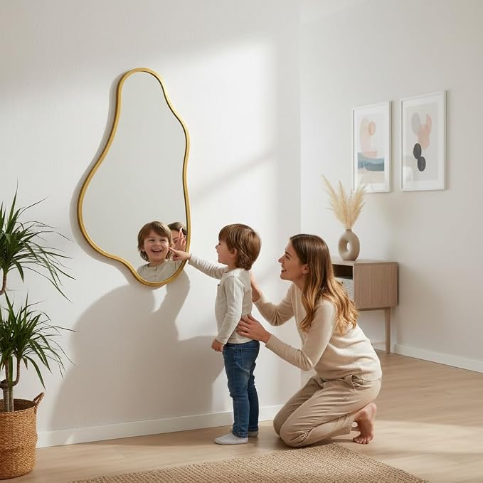ZIYOO 32x18 Inch Irregular Wall Mirror, Vertical Wavy Design, Gold Asymmetrical Metal Frame Decorative Mirror for Living Room, Bedroom, Entryway, Hallway (Gold Metal,32" x 18")