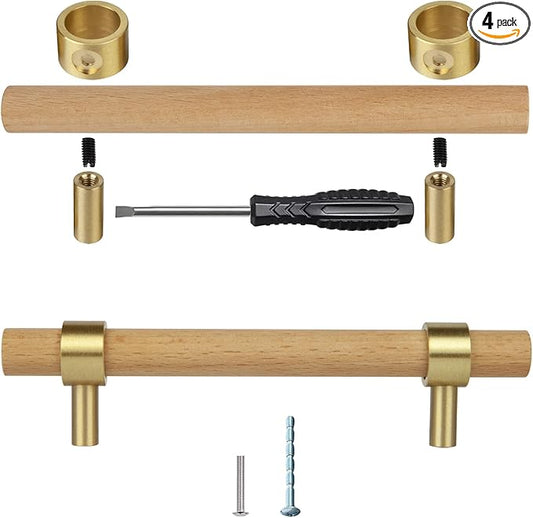 Natural Wood Kitchen Cabinet Handles 2~5 Inch 4Set Center to Center Adjustable Double Hole Euro Scandi-Modern Dresser Knob, Unfinished DIY Drawer Pull, Brushed Brass Base