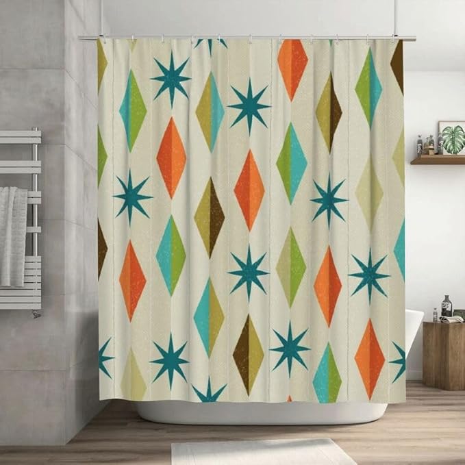Mid Century Shower Curtain Modern Style Grunge Atomic Texture Pattern Duty Fabric Shower Curtains Set Bathroom Polyester Waterproof with 12 Hooks,72x72Inch（183x183cm）