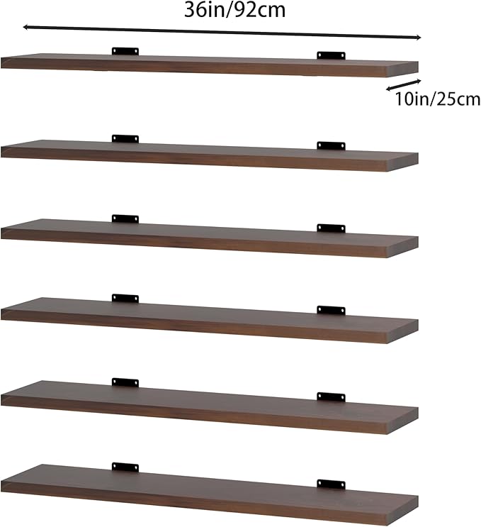 6 Tier Book Shelf,36 inch Walnut Long Floating Shelf for Wall,Adjustable Large Bookcase,Wall Mounted Bookshelf for Living Room
