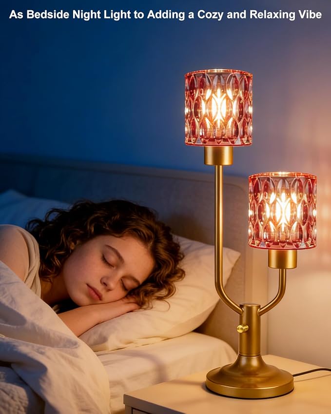 Lightdot Mid Century Modern Table Lamp Dimmable Nightstand Lamp Red Glass Vintage Gold Desk Lamp 2 Bulbs Included Warmwhite Ambient Bedside Lamps for Living Room Bedroom Girls Room Home Office Decor