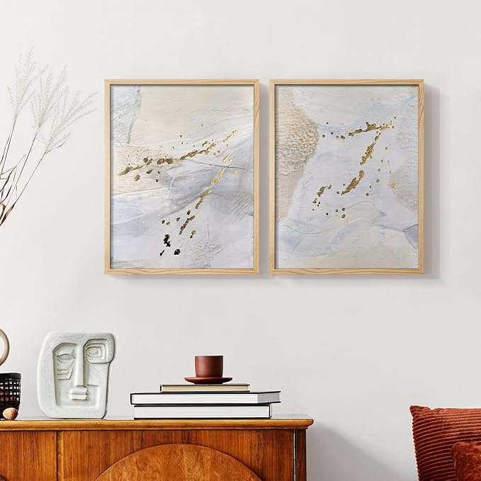 Renditions Gallery Set of 2 Peel & Stick Framed Prints, Modern Abstract Wall Art, Gold Sprinkle Oil Painting Wall Decor, Re-Stickable - Ready to Hang - 22"x28" - NATURAL WOOD Frame LT588
