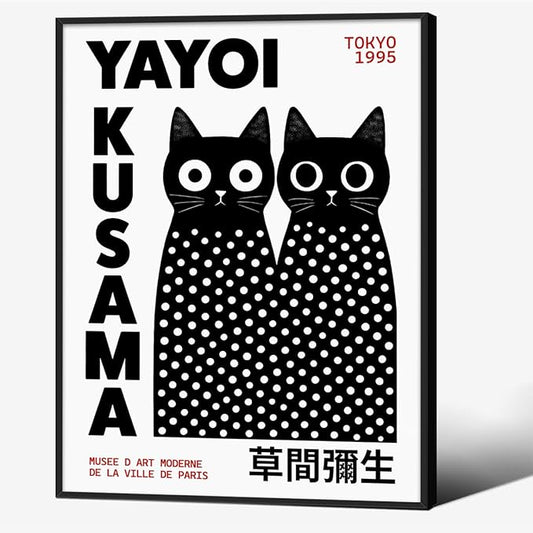 Black and White Cute Abstract Cat Wall Art Japanese Yayoi Kusama Canvas Poster 08x10 inch Black Framed Modern Fashion Minimalist Painting for Living Room Wall Decor Cat Lover Gifts