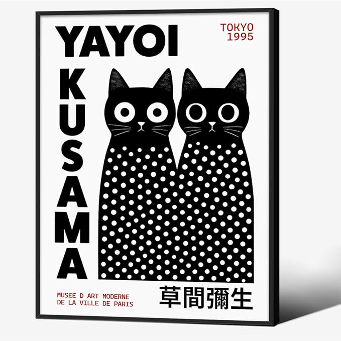 Black and White Cute Abstract Cat Wall Art Japanese Yayoi Kusama Canvas Poster 12X16 inch Black Framed Modern Fashion Minimalist Painting for Living Room Wall Decor Cat Lover Gifts