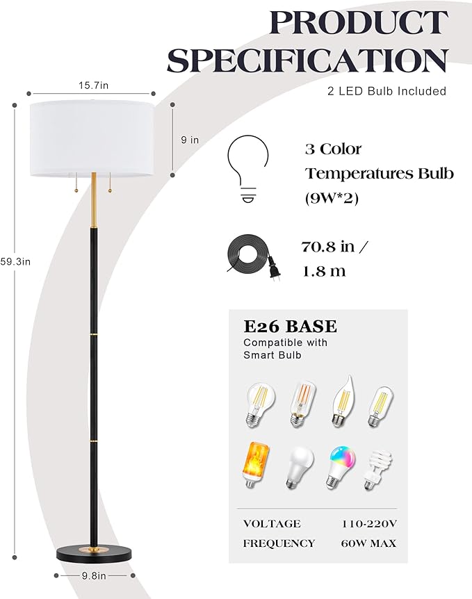 ELYONA 2-Light Floor Lamp Modern Reading Standing Light White Fabric Shade Vintage Tall Pole Corner Lamp for Bedroom Living Room Office 3 Color Temperatures LED Bulbs Include, Black & Brushed Gold