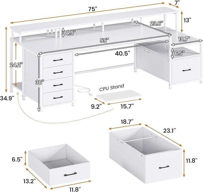 SEDETA White Computer Desk with 5 Drawer & Power Outlet, 75'' Home Office Desk with File Drawer, Storage Shelves, Printer Cabinet and Monitor Shelf, Gaming Desk with Led Lights, 23.6" W Desktop