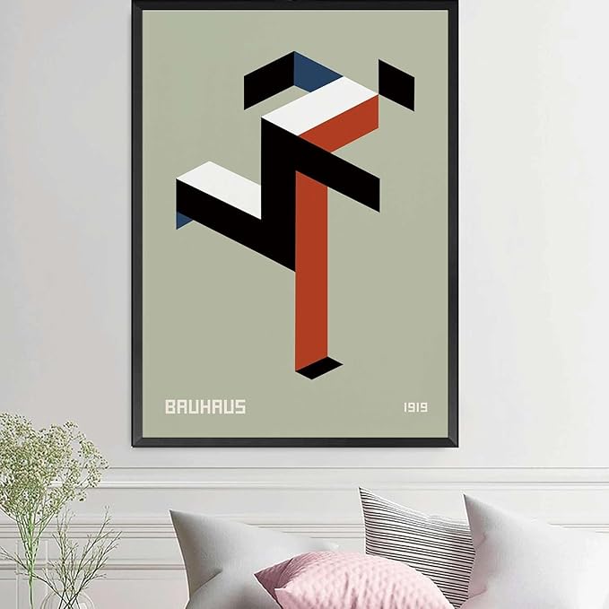 Printed Canvas Painting Wall Art Bauhaus Print 1919 Exhibition Poster Running Man Geometric Decor Modern Minimalist Abstract Sage Green Wall Art Bedroom and Kitchen Office Wall Decoration 8x12inch metal frame