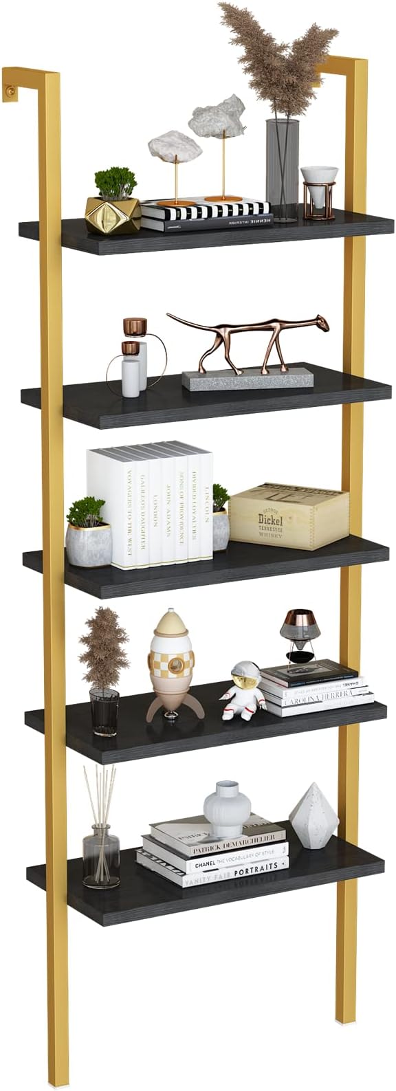 DKLGG 5-Tier Ladder Shelf, Industrial Wall Mounted Bookshelf, Narrow Ladder Bookcase with Wood Board and Metal Frame, Open Display Shelf for Living Room, Bedroom, Office, Black and Gold