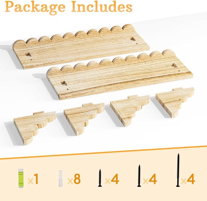 Scalloped Wood Wall Shelf – 17 Inch Floating Shelf with Wood Brackets, Easy to Install Rustic Wall Shelf for Living Room, Bedroom, Bathroom, or Any Space - Light Brown