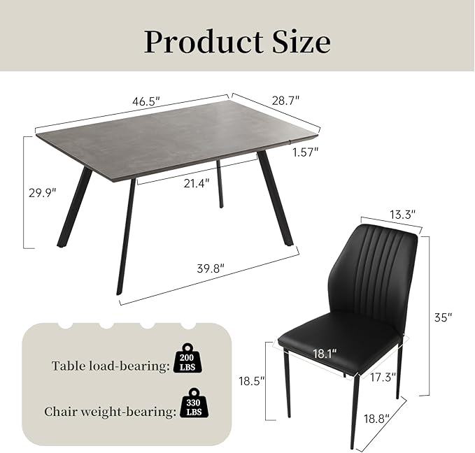 ZckyCine 46.5" Modern 5-Piece Kitchen Table Set Rectangular Wood Dining Table with 4 Upholstered Leather Chairs