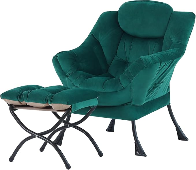 Tiita Lazy Chair with Ottoman, Green Modern Large Accent Chair, Comfy Leisure Sofa Armchair with Ottoman, Reading Chair with Footrest for Bedroom, Living Room, Dorm Rooms, Velvet Green