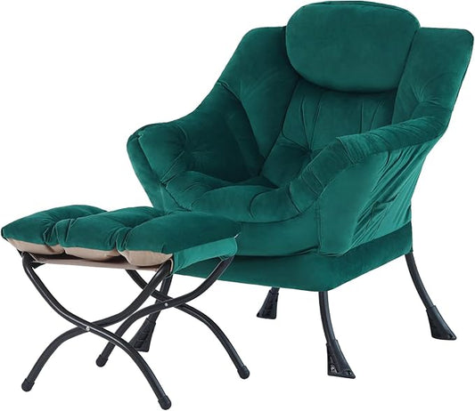Tiita Lazy Chair with Ottoman, Green Modern Large Accent Chair, Comfy Leisure Sofa Armchair with Ottoman, Reading Chair with Footrest for Bedroom, Living Room, Dorm Rooms, Velvet Green