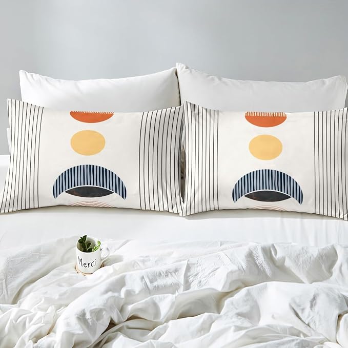 Erosebridal Modern Moon Print Bed Set Mid Century Duvet Cover, Abstract Art Bedding Set Full Geometric Stripe Comforter Cover, Aesthetic Bed Cover (Zipper Closure)