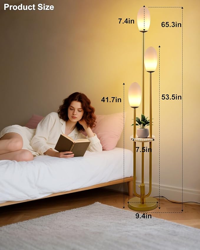 Gold Dimmable Floor Lamp with Table, Unique Candle Holder Style Tall Standing Lamps with 3000K G9 Bulbs for Reading, Mid Century Modern Floor Lamp for Living Room Bedroom Office