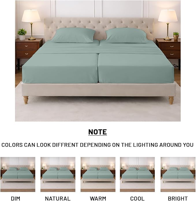 SGI Split King Sheet Set for Adjustable Bed Egyptian Premium Cotton 600 Thread Count Sheets for Sleep Number Bed 15" Deep Pocket 5 Pc Set with 2 Twin XL Fitted Sheets Soft Breathable -Aqua Green