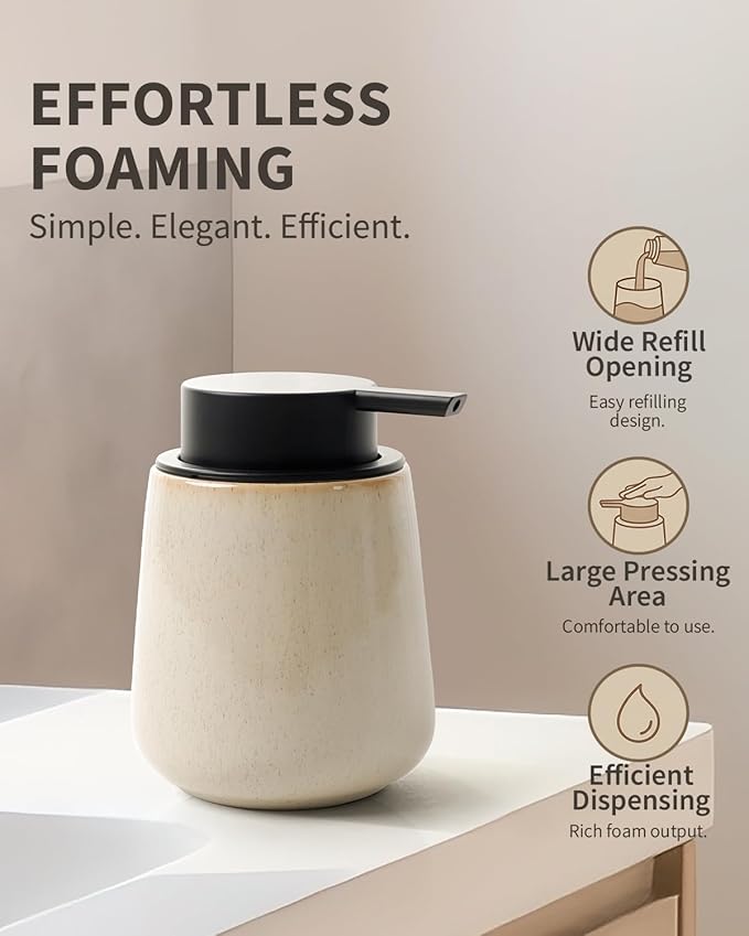 BosilunLife Foam Hand Soap Dispenser - 12 oz Bathroom Hand Pump Dispenser Foaming Soap Dispenser Ceramic Dish Liquid Dispenser for Kitchen, Greige with Speckle