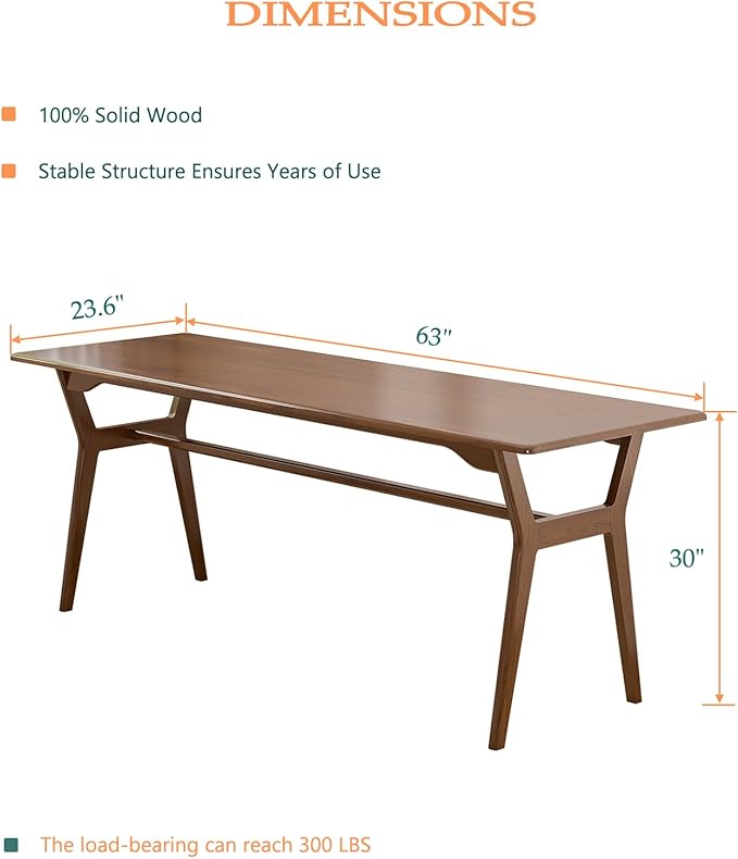 Solid Wood Study Desk - 63" Double Long Computer Table for Home Office, 2-Person PC Workstation, Walnut