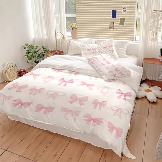 Pink Duvet Cover Queen Size Trendy Pink Bow Bowknot Bedding Set,Dreamy Princess Style Kids Girls Super Soft Bedding Set for Women Teens Funky Preppy Girly Room Decor Coquette Decor 88"x88"