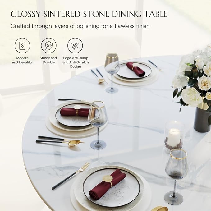 POVISON 59" Modern Round Dining Table, White Round Kitchen Table for 6, Sintered Stone Dining Room Table top with Bronze X Carbon Steel Base (Dining Table Only)