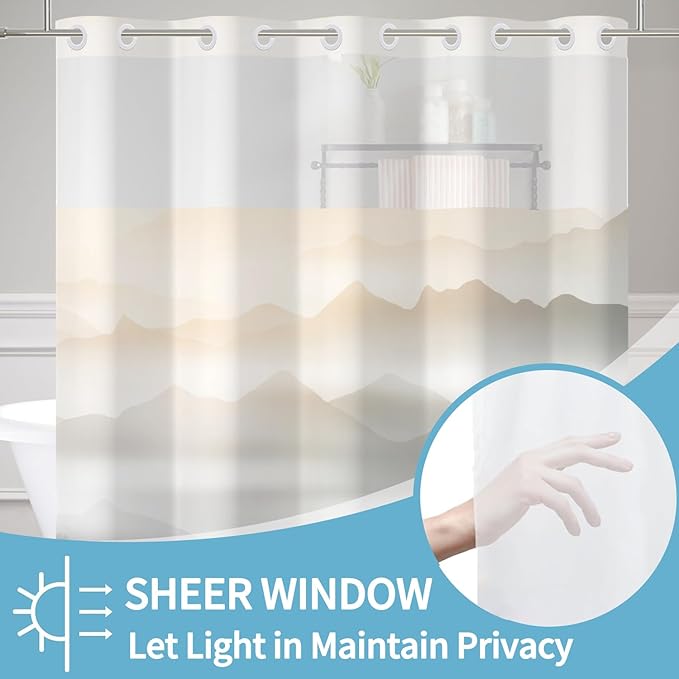 No Hook Shower Curtain with Snap in Fabric Liner Set Nature Misty Mountains Shower Curtains for Bathroom Modern Double Layers Waterproof with See Through Top Window Bath Curtain 71x74 Inch