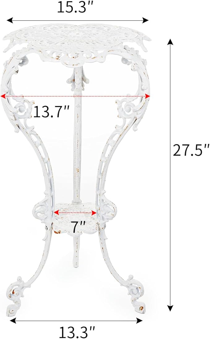 Sungmor Heavy-duty Cast Iron Plant Stand Patio Side Table, 15.3" Wide 27.5" Tall 2-layer Potted Pedestal, Vintage Rust White Planter Holder, Elegant Victorian Style Indoor Outdoor Decorative Pot Stand