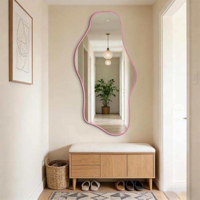 Large Irregular Mirror, 54.5"x24" Pink Asymmetrical Tempered Glass Mirror, Frameless Organic Shaped Mirrors for Entryway Hallway Bedroom Living Room, Horizontal or Vertical Hanging