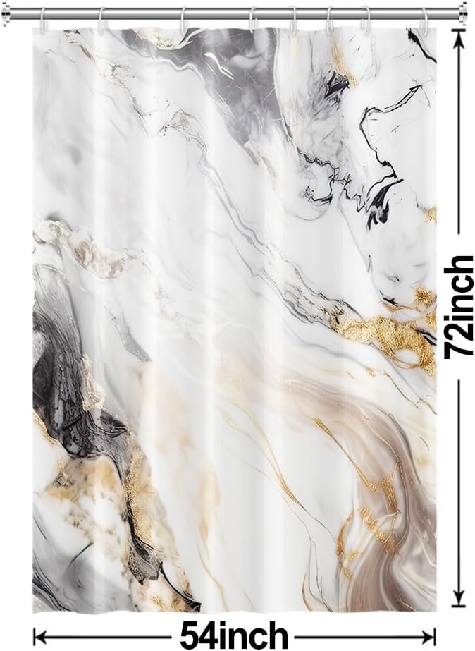 Grey and White Shower Curtain, Modern Grey Marble Shower Curtain for Bathroom Aesthetic Waterproof Shower Curtain Set with Hooks, 54x72 Inch