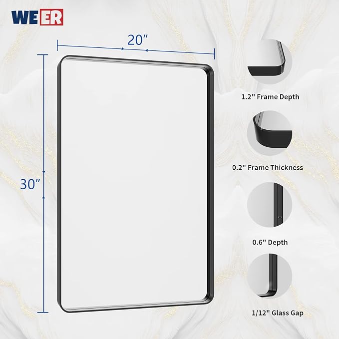 WEER Black Bathroom Mirror for Wall 20X30 Inch, Rectangular Black Metal Framed Vanity Mirror, Farmhouse Bathroom Mirror with Tempered Glass, Rounded Corner, Anti-Rust (Horizontal/Vertical)