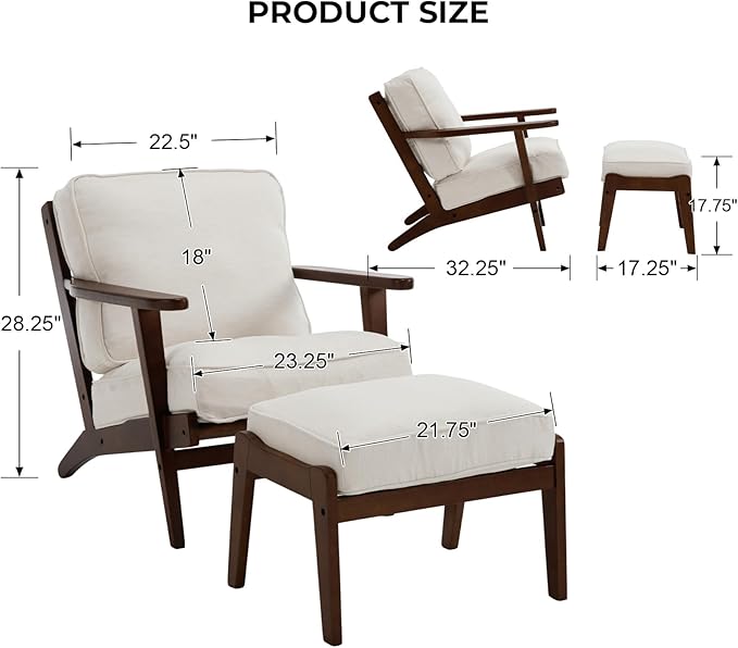 Living Room Accent Chairs Set of 2 Mid Century Modern Reading Arm Chair with Ottoman, Fabric Bedroom Chair with Soild Wood Frame, Elegant Upholstered Side Chair, Beige-Fabric