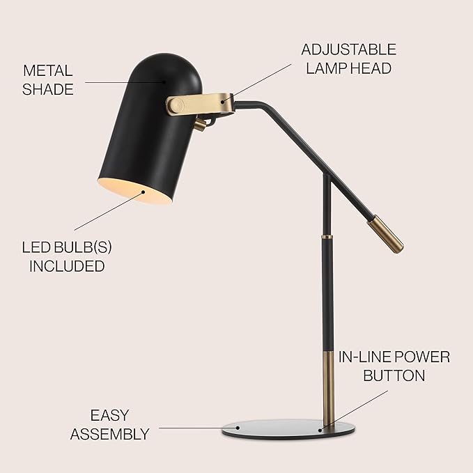 JONATHAN Y 19.25" Black/Brass Gold Edison Metal LED Task Lamp, Contemporary Industrial Adjustable Desk Lamp for Home Office, Reading, UL Listed, LED Bulb Included JYL6116A