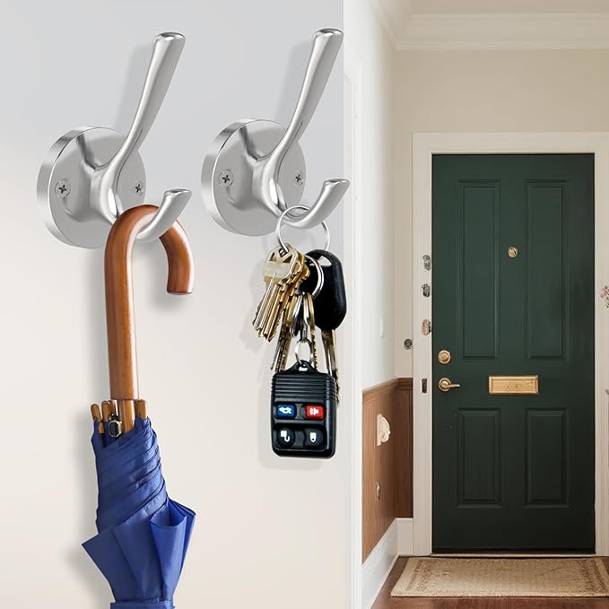 Brushed Nickel Wall Hooks, 6 Pack Coat Robe Hook Heavy Duty Metal Double Bath Hook Wall Mounted, Hand Towel Hooks for Cubicle Bathroom Kitchen Closet Garage