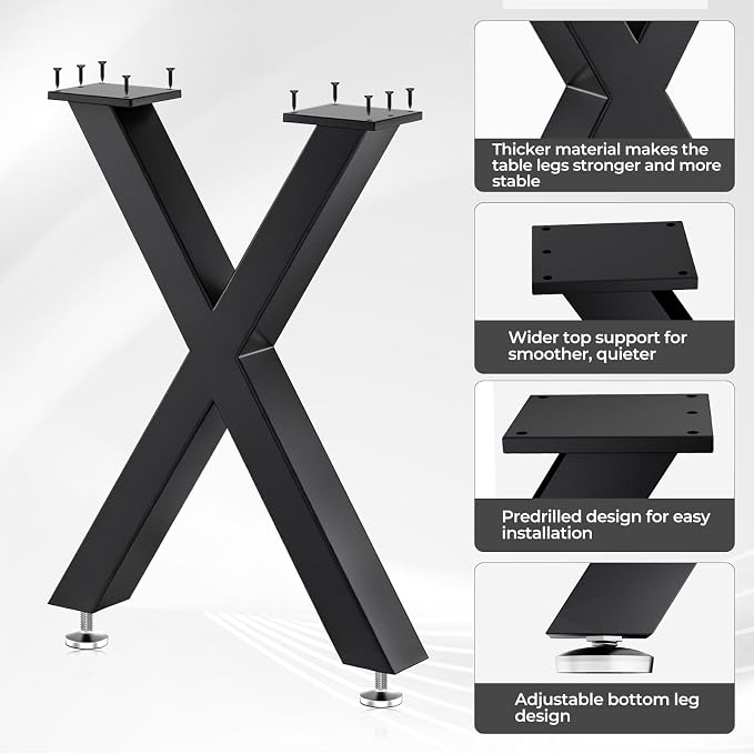 Coffee Table Legs 16H x 11.7W Heavy Duty Metal Bench Legs, X- Shape Dining Table Kitchen Table Office Desk Table Base Replacement with Adjustable Feet Pads Screws 1000 LBS Load Black Set of 2