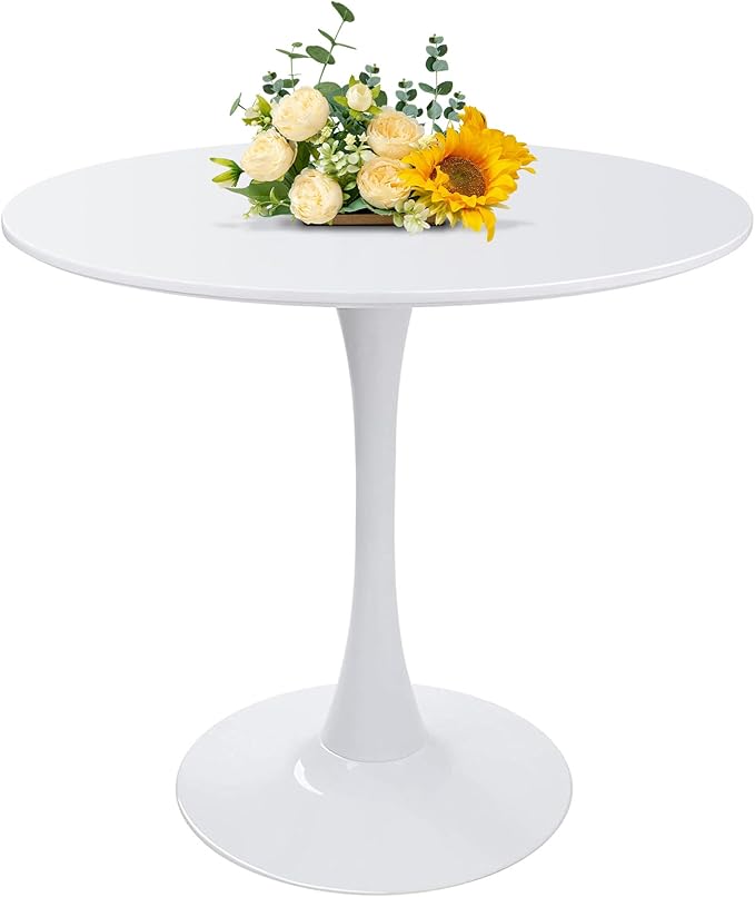 31.5 Inch Round Dining Table,Mid-Century Tulip Table with Metal Pedestal Base,Modern Leisure Table for Small Space Kitchen Dining Room,Easy Assembly,White